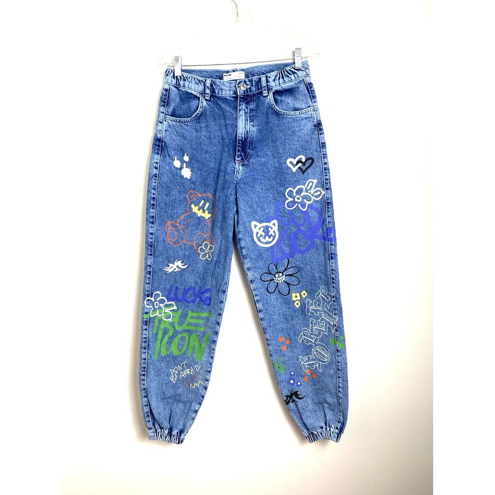 Jogger Jeans Painted Art Flowers Artistry Size 6 Blue 90s 80s High Rise Festival